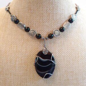 Silver Tone Necklace with Semi Precious Stones & Sterling Silver Wire Pendant